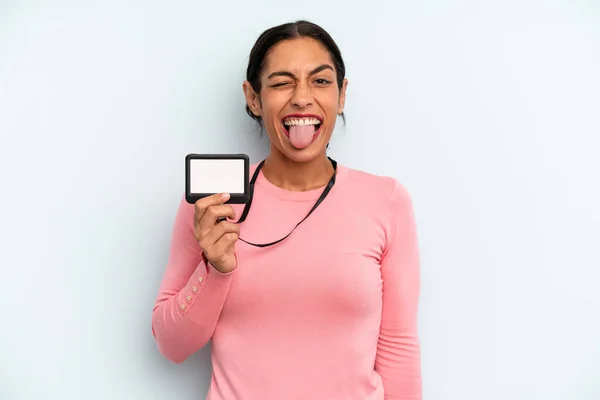 Hispanic Woman Cheerful Rebellious Attitude Joking Sticking Tongue Out Vip — Stock fotografie