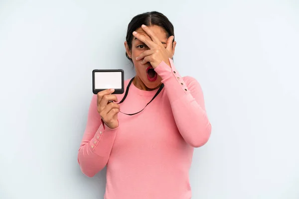 Hispanic Woman Looking Shocked Scared Terrified Covering Face Hand Vip — Stockfoto