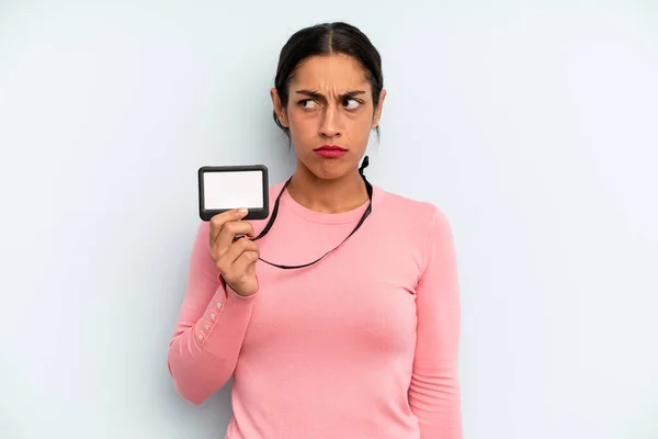 Hispanic Woman Feeling Sad Upset Angry Looking Side Vip Pass — Stockfoto