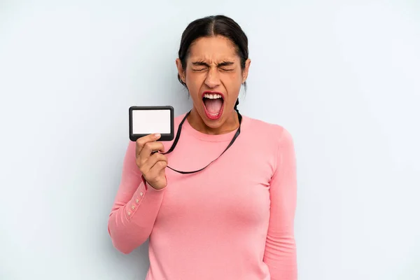 Hispanic Woman Shouting Aggressively Looking Very Angry Vip Pass Card — Stockfoto