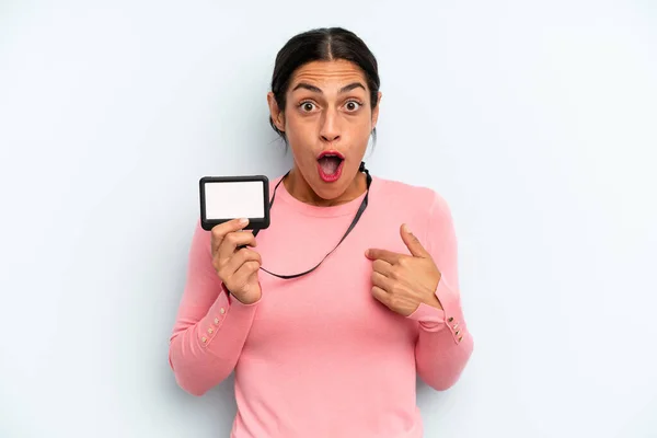 Hispanic Woman Looking Shocked Surprised Mouth Wide Open Pointing Self — Stockfoto