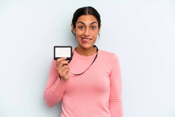 Hispanic Woman Looking Puzzled Confused Vip Pass Card — Stock fotografie