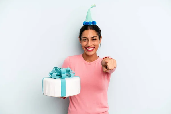 Hispanic Woman Pointing Camera Choosing You Birthday Cake Concept — Stockfoto