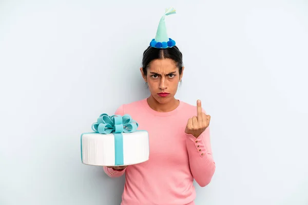 Hispanic Woman Feeling Angry Annoyed Rebellious Aggressive Birthday Cake Concept — Stockfoto