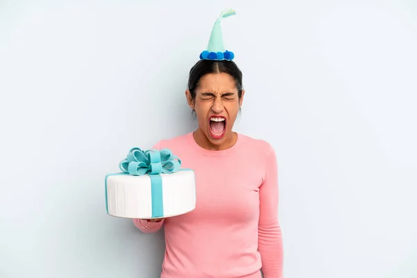 Hispanic Woman Shouting Aggressively Looking Very Angry Birthday Cake Concept — Stock Photo, Image