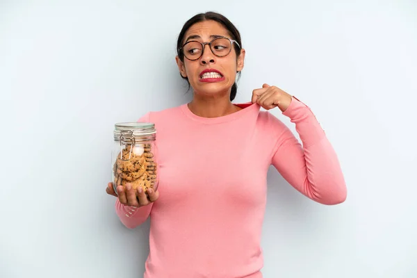 Hispanic Woman Feeling Stressed Anxious Tired Frustrated Home Made Cookies — Stock Photo, Image