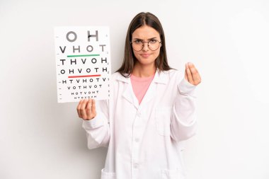 Güzel bir kadın kapiş ya da para hareketi yapıyor, sana ödemeni söylüyor. optik görüş testi konsepti