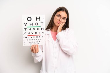 Güzel bir kadın bıkkın, hayal kırıklığına uğramış ve yorucu bir geceden sonra uykulu hissediyor. optik görüş testi konsepti