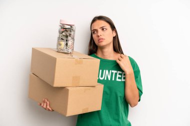 pretty woman feeling stressed, anxious, tired and frustrated. volunteer and donation concept