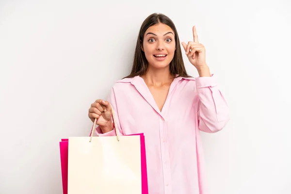 Pretty Girl Feeling Happy Excited Genius Realizing Idea Shopping Concept — Stock Photo, Image