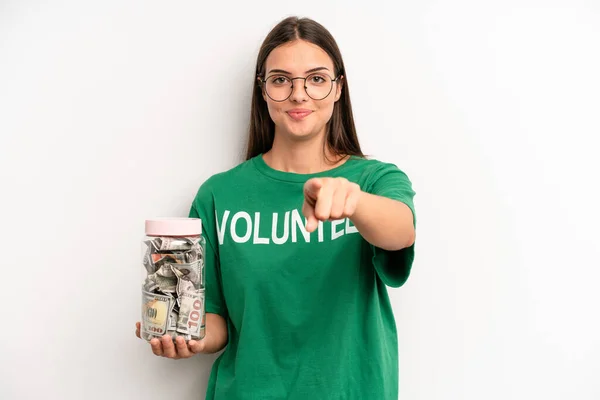 Pretty Woman Pointing Camera Choosing You Volunteer Donation Concept — Stockfoto