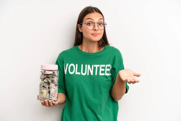Pretty Woman Feeling Puzzled Confused Doubting Volunteer Donation Concept — Stockfoto