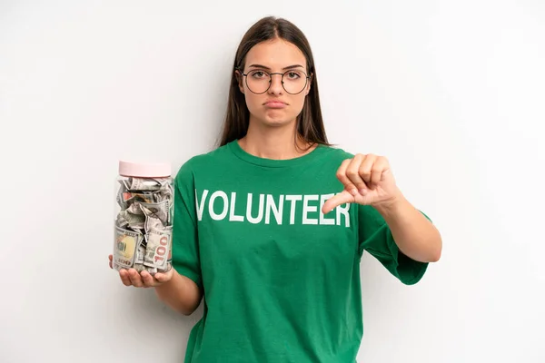 Pretty Woman Feeling Cross Showing Thumbs Volunteer Donation Concept — Stockfoto