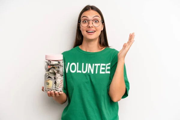 Pretty Woman Feeling Happy Astonished Something Unbelievable Volunteer Donation Concept — Stockfoto