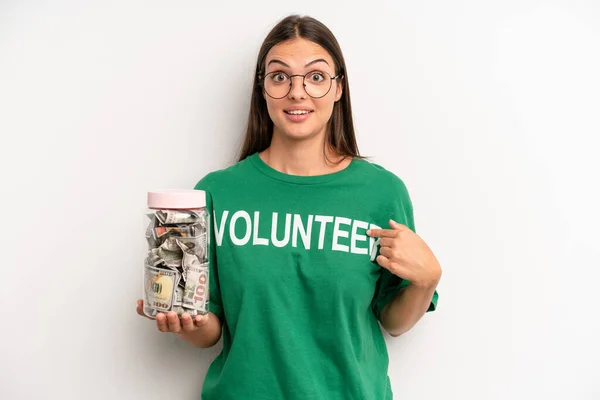 Pretty Woman Feeling Happy Pointing Self Excited Volunteer Donation Concept — Stockfoto