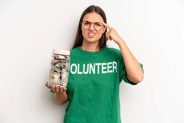 Pretty Woman Feeling Confused Puzzled Showing You Insane Volunteer Donation — Stok fotoğraf