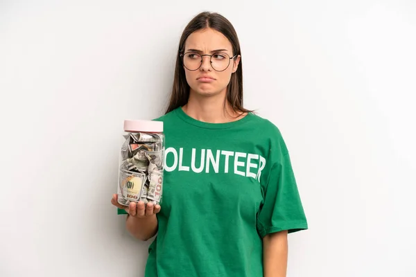 Pretty Woman Feeling Sad Upset Angry Looking Side Volunteer Donation — Stockfoto