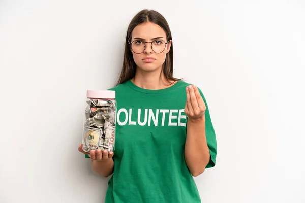 Pretty Woman Making Capice Money Gesture Telling You Pay Volunteer — Stockfoto