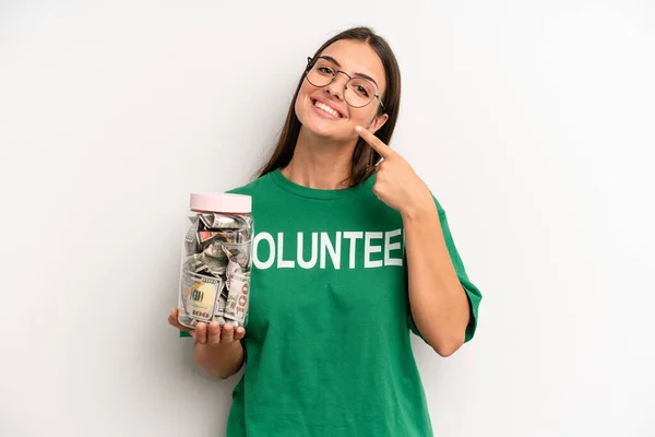 Pretty Woman Smiling Confidently Pointing Own Broad Smile Volunteer Donation — Stock Photo, Image