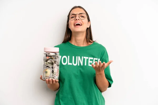 Pretty Woman Looking Desperate Frustrated Stressed Volunteer Donation Concept — Stockfoto