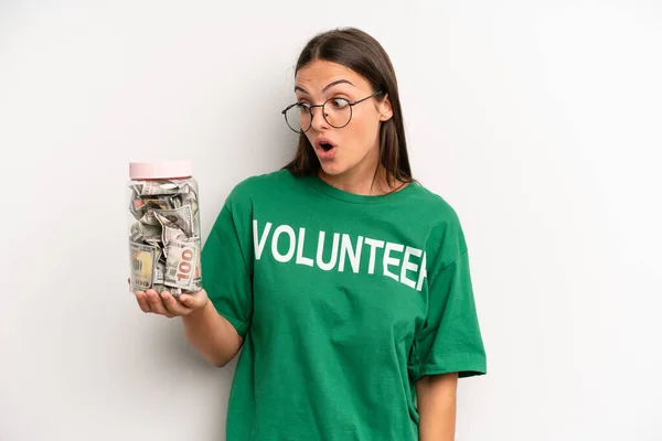 Pretty Woman Feeling Happy Excited Surprised Volunteer Donation Concept — Stockfoto