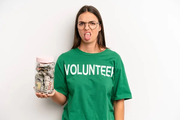 Pretty Woman Feeling Disgusted Irritated Tongue Out Volunteer Donation Concept — Stockfoto