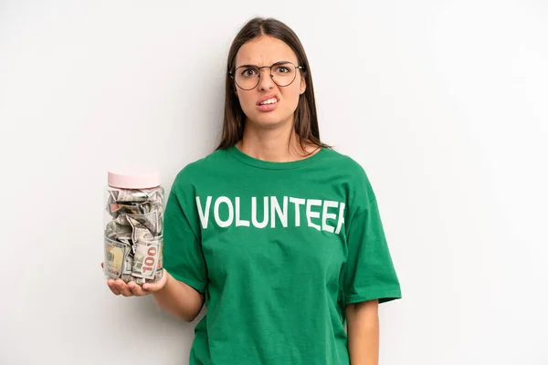 Pretty Woman Feeling Puzzled Confused Volunteer Donation Concept — Stok fotoğraf