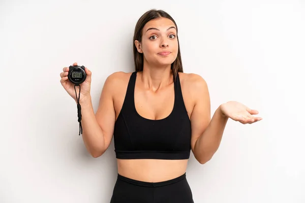 Pretty Woman Feeling Puzzled Confused Doubting Fitness Concept — Stock Photo, Image