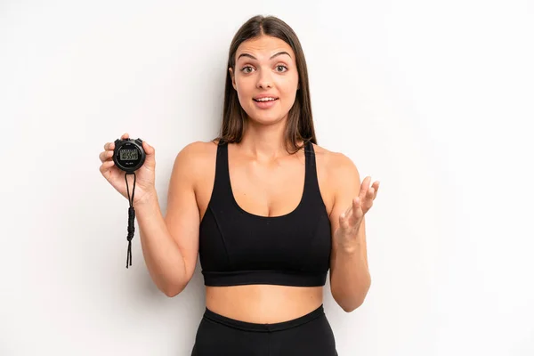 Pretty Woman Feeling Happy Surprised Realizing Solution Idea Fitness Concept — Stock Photo, Image