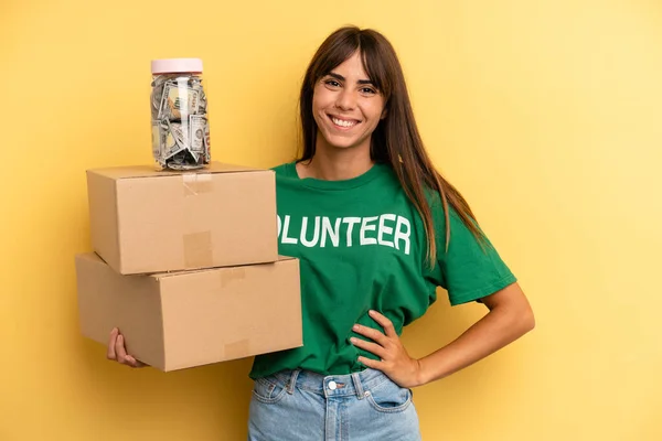 Pretty Woman Smiling Happily Hand Hip Confident Volunteer Donation Concept — Fotografia de Stock