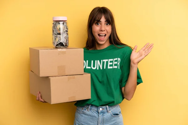 Pretty Woman Feeling Happy Astonished Something Unbelievable Volunteer Donation Concept — Stock Photo, Image
