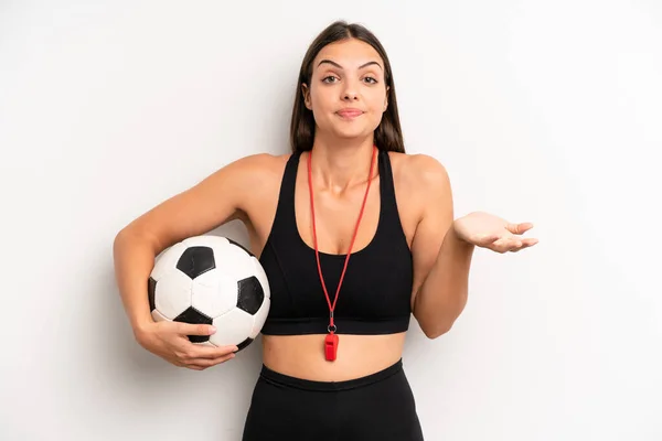 Pretty Girl Feeling Puzzled Confused Doubting Soccer Fitness Concept — Fotografia de Stock