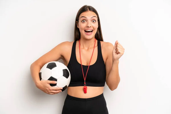 Pretty Girl Feeling Shocked Laughing Celebrating Success Soccer Fitness Concept — Stockfoto