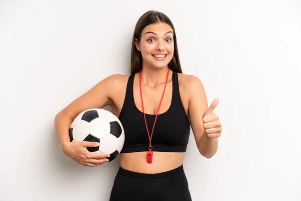 Pretty Girl Feeling Proud Smiling Positively Thumbs Soccer Fitness Concept — Stockfoto
