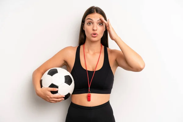 Pretty Girl Looking Happy Astonished Surprised Soccer Fitness Concept — Fotografia de Stock
