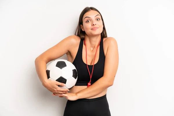 Pretty Girl Shrugging Feeling Confused Uncertain Soccer Fitness Concept — Stockfoto