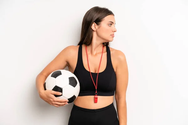 Pretty Girl Profile View Thinking Imagining Daydreaming Soccer Fitness Concept — Fotografia de Stock