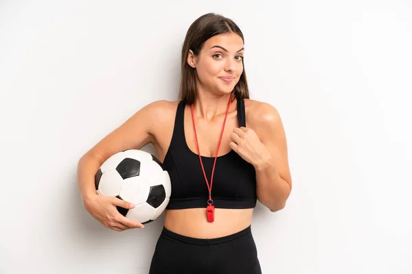 Pretty Girl Looking Arrogant Successful Positive Proud Soccer Fitness Concept — Fotografia de Stock