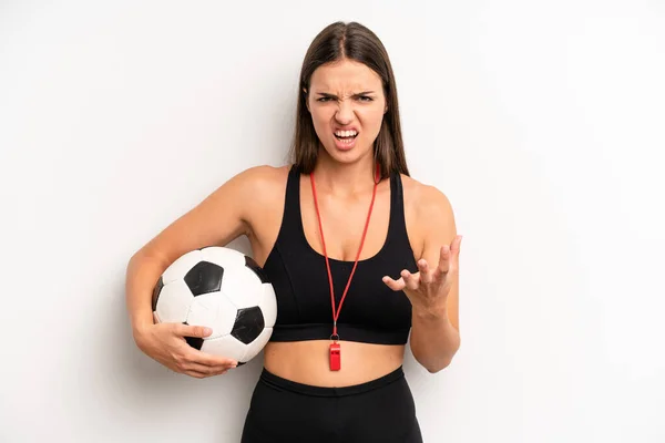 Pretty Girl Looking Angry Annoyed Frustrated Soccer Fitness Concept — Fotografia de Stock
