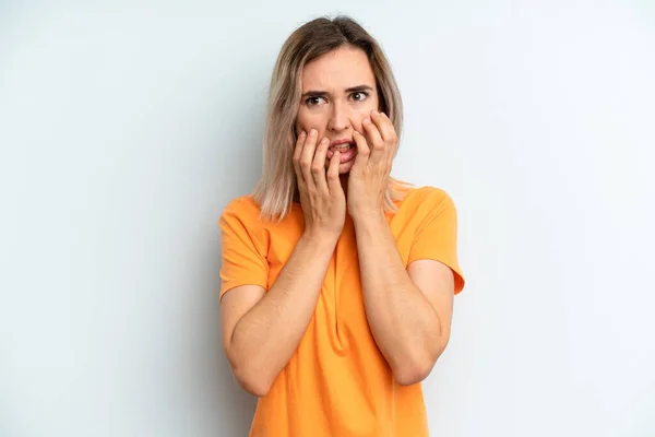 Young Adult Pretty Woman Looking Worried Anxious Stressed Afraid Biting — Foto de Stock