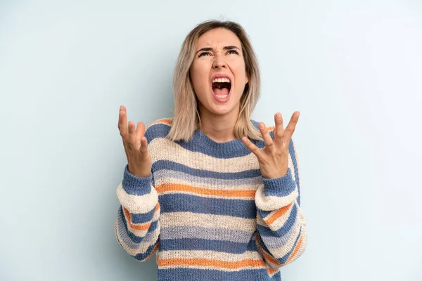 Young Adult Pretty Woman Furiously Screaming Feeling Stressed Annoyed Hands — Foto de Stock