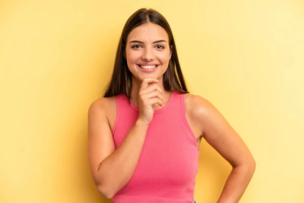Young Adult Pretty Woman Looking Happy Smiling Hand Chin Wondering — Stockfoto