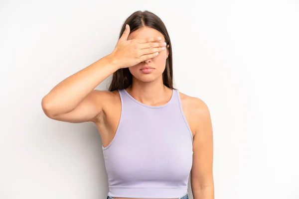 Young Adult Pretty Woman Covering Eyes One Hand Feeling Scared — Stock Photo, Image