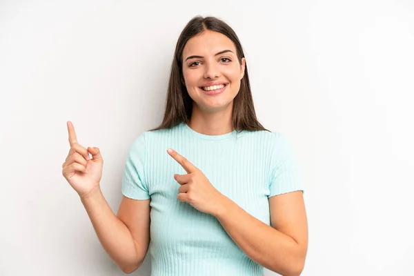 Young Adult Pretty Woman Smiling Happily Pointing Side Upwards Both — Stok fotoğraf