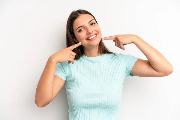 Young Adult Pretty Woman Smiling Confidently Pointing Own Broad Smile — Stockfoto
