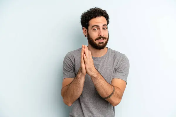 Young Adult Bearded Man Feeling Happy Successful Smiling Clapping Hands — Stock Photo, Image