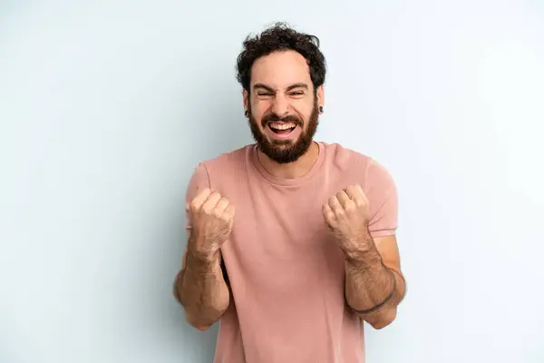 Young Adult Bearded Man Shouting Triumphantly Laughing Feeling Happy Excited — Stock Photo, Image