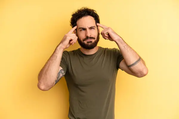 Young Adult Bearded Man Feeling Confused Doubting Concentrating Idea Thinking — Stock Photo, Image