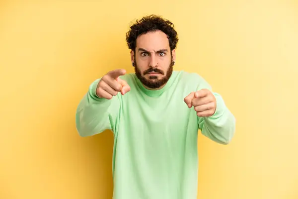 Young Adult Bearded Man Pointing Forward Camera Both Fingers Angry — Stock Photo, Image