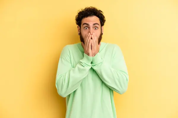 Young Adult Bearded Man Feeling Worried Upset Scared Covering Mouth — Stock Photo, Image